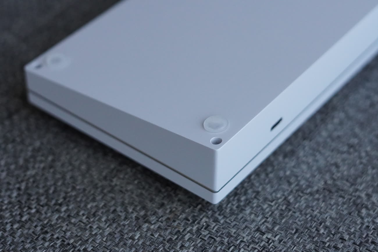 White milled-aluminum bottom case with USB-C port.