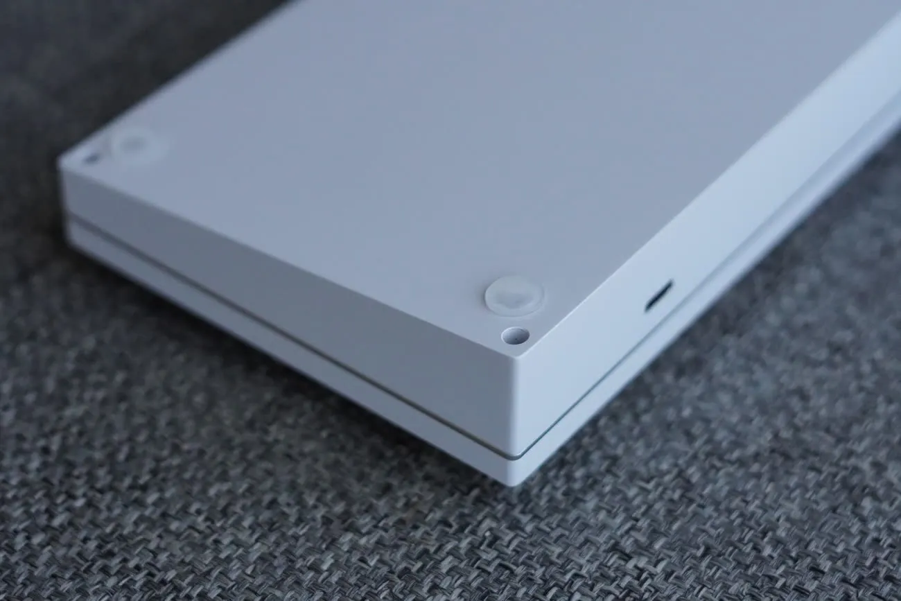 White milled-aluminum bottom case with USB-C port.