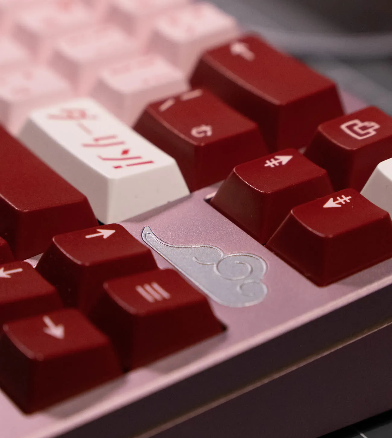 Red and pink themed build with Japanese-legend keycaps.
