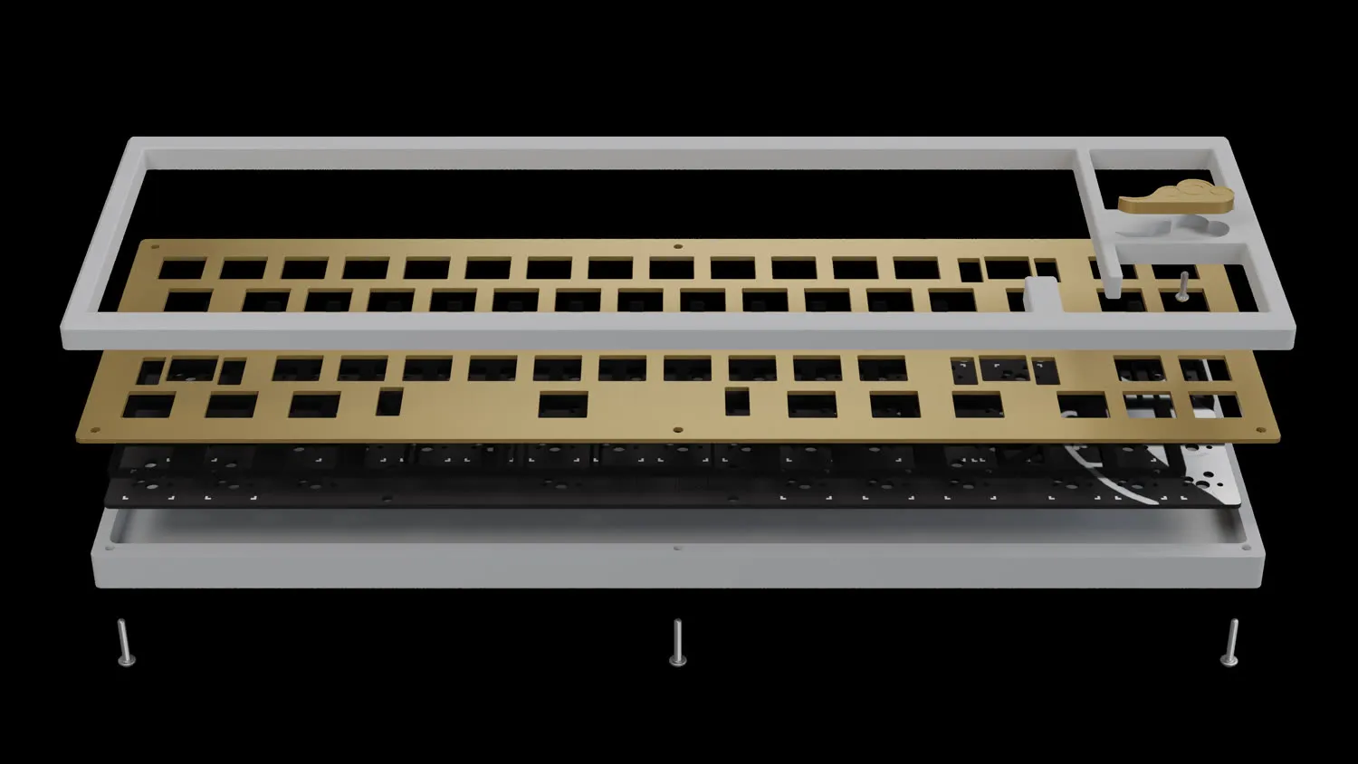 Exploded view of the Aozora: aluminum top housing, brass plate, PCB, aluminum bottom, and screws.